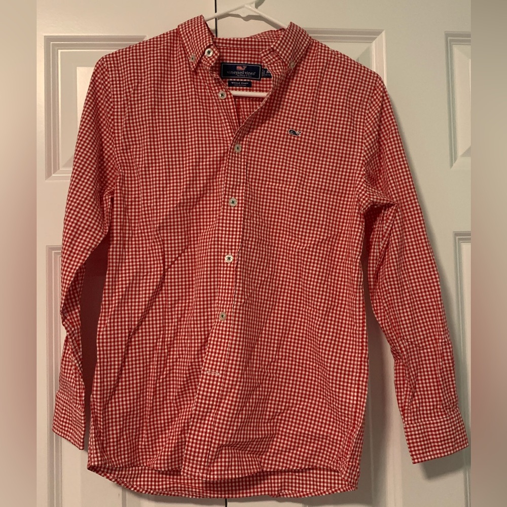 Boys Vineyard Vines Button Down, Red Gingham Whale Shirt Size M 12-14